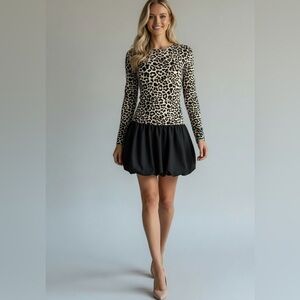 NWOT Miroh Leopard Print Long Sleeve Bubble Hem Mini Dress - Size L (Fits M)